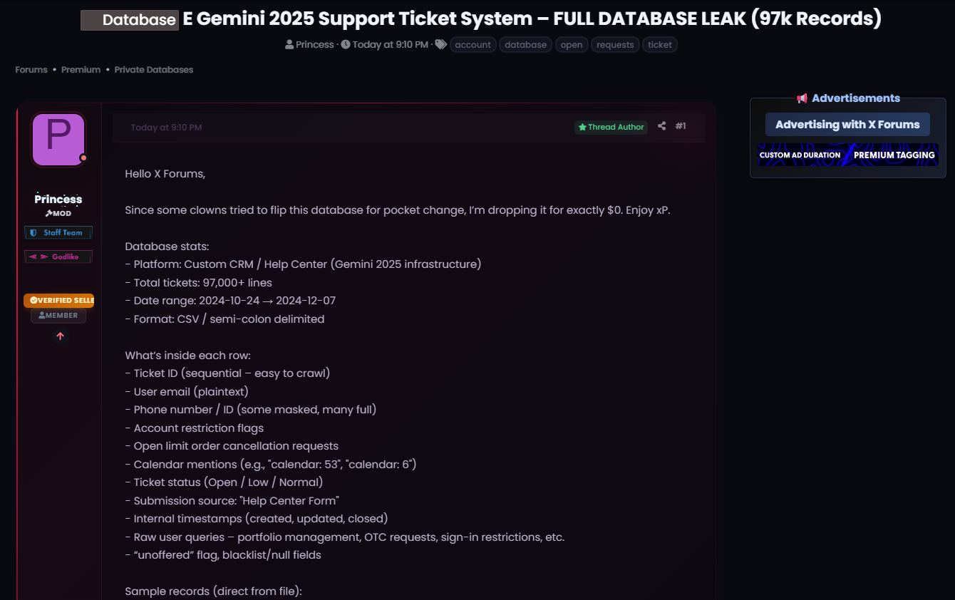 Alleged data breach of Gemini