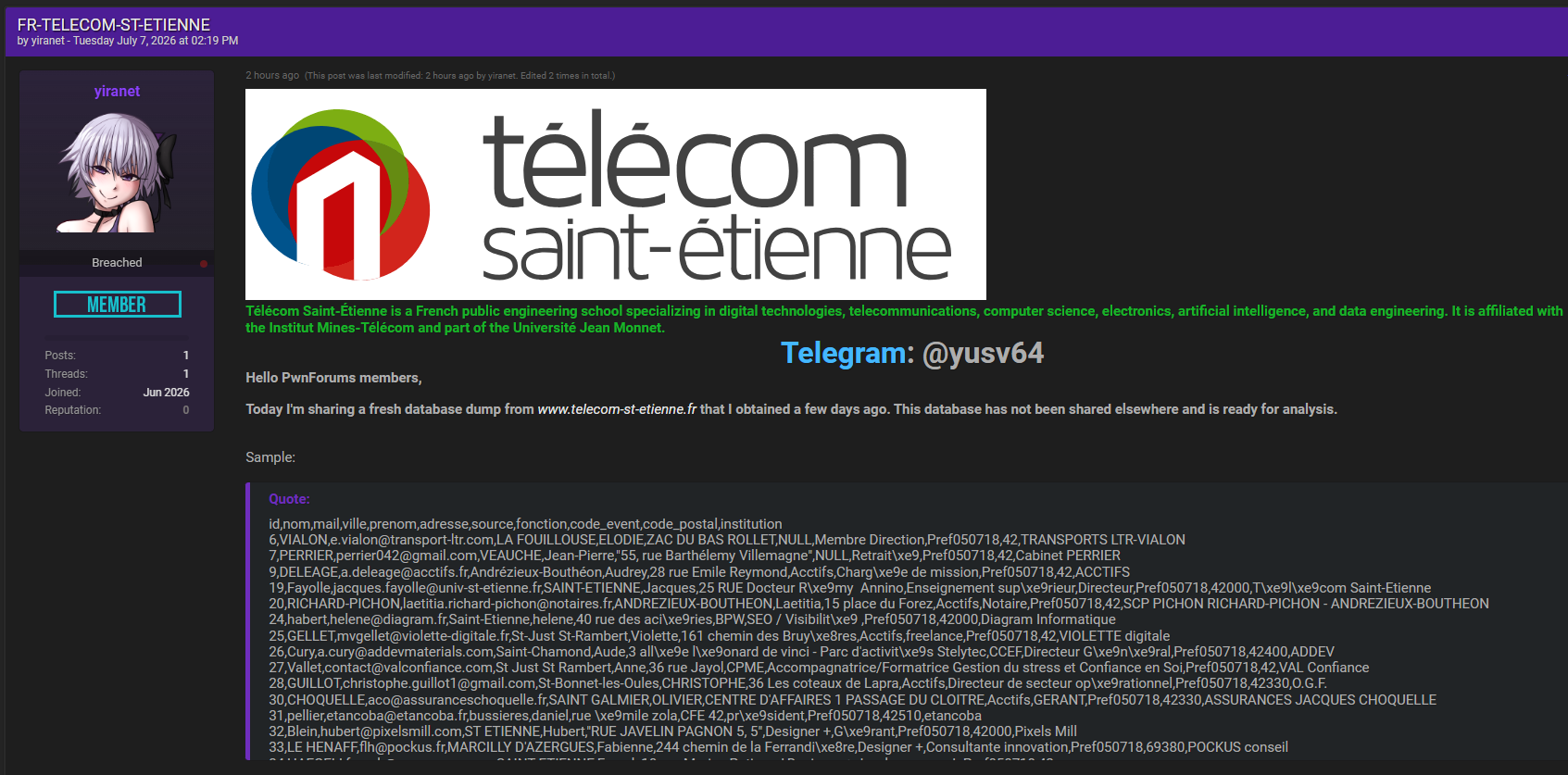 Alleged data breach of Télécom Saint-Etienne