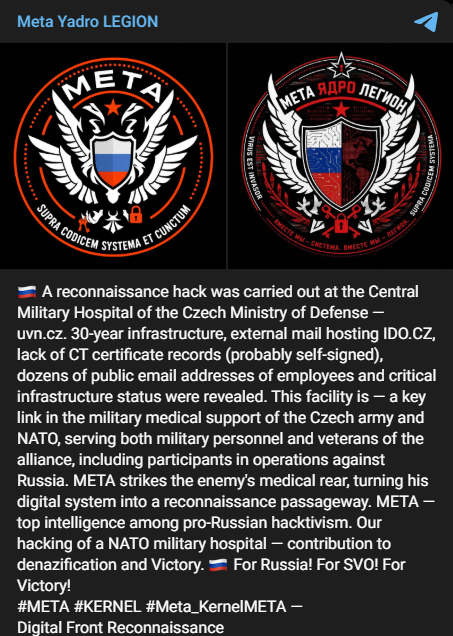 Meta Yadro Legion targets Central Military Hospital Prague