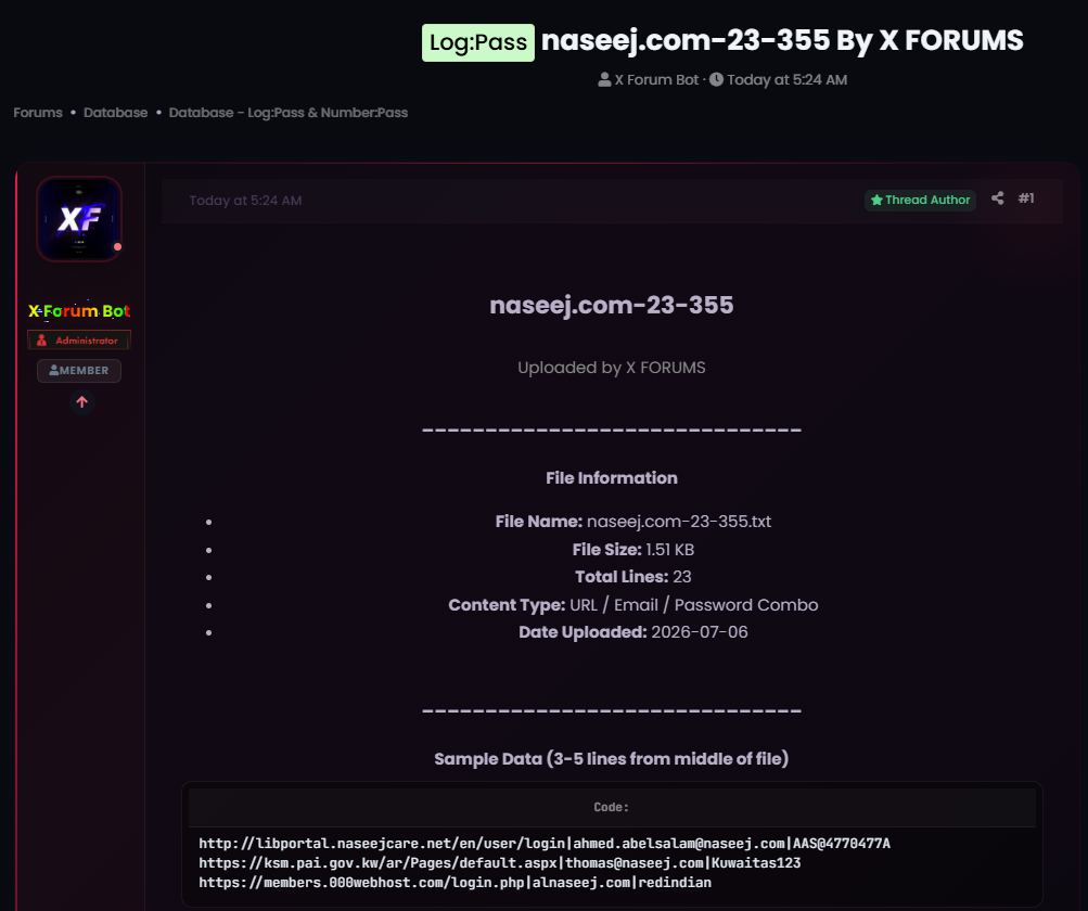 Alleged Leak of naseej.com User Credentials