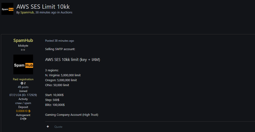 Alleged Sale of AWS SES Account
