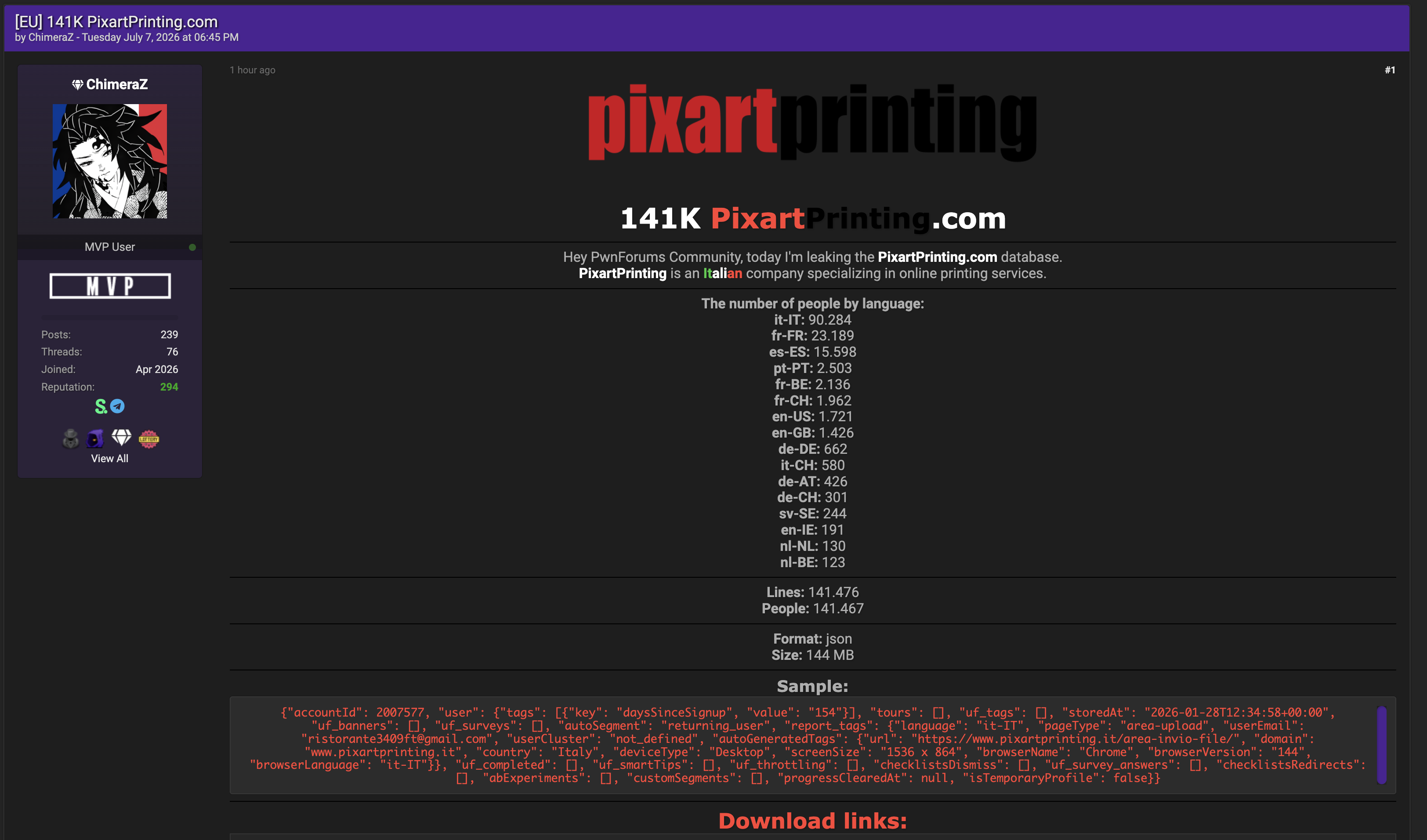 Alleged data leak of PixartPrinting