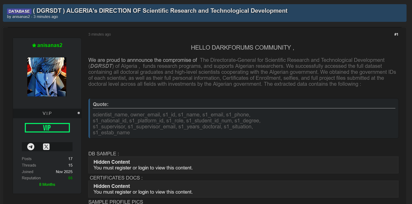 Alleged data breach of Algeria’s Directorate-General for Scientific Research and Technological Development (DGRSDT)