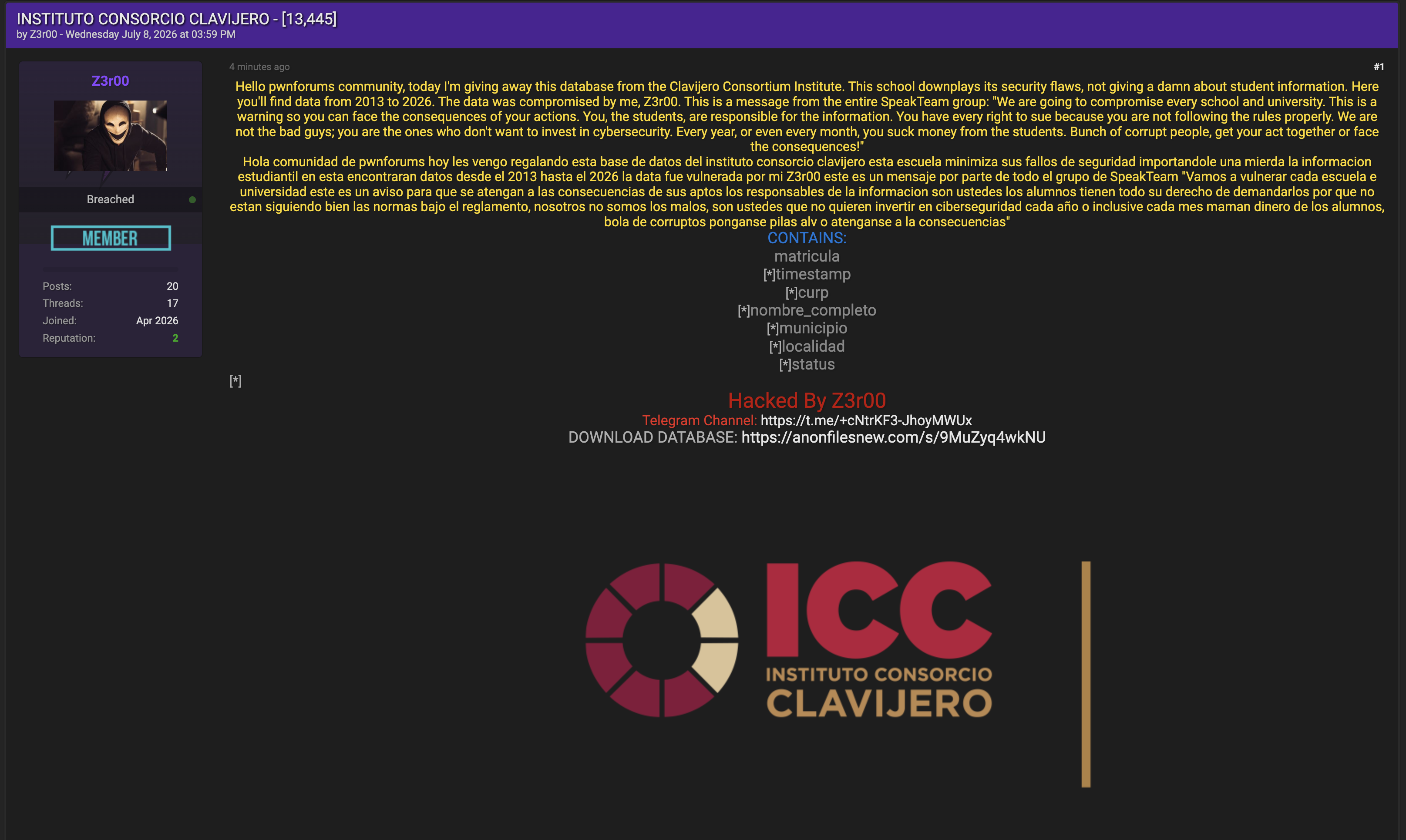 Alleged data breach of Instituto Consorcio Clavijero