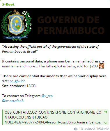 Alleged data breach of Government of the State of Pernambuco