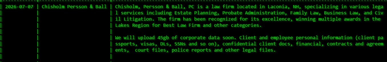 Chisholm, Persson & Ball, P.C. falls victim to akira Ransomware