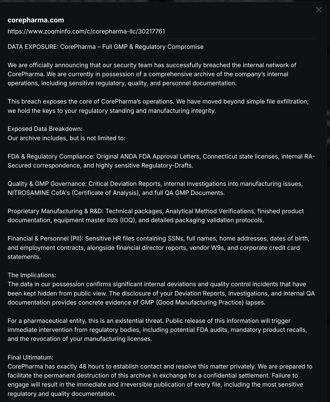 CorePharma LLC falls victim to CHAOS ransomware