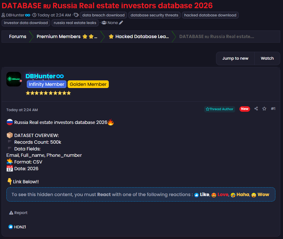 Alleged Sale of Russia investors Database