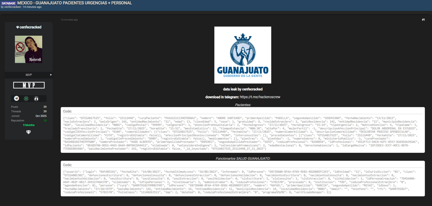 Alleged data leak of Guanajuato Emergency Patients and Staff
