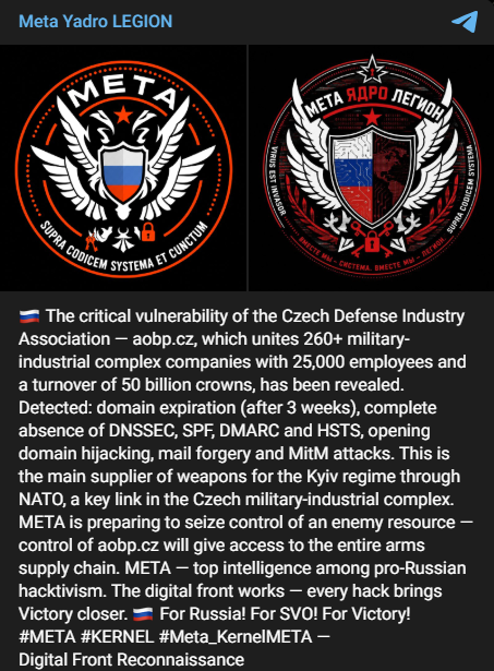 Meta Yadro Legion targets Defence and Security Industry Association of the Czech Republic