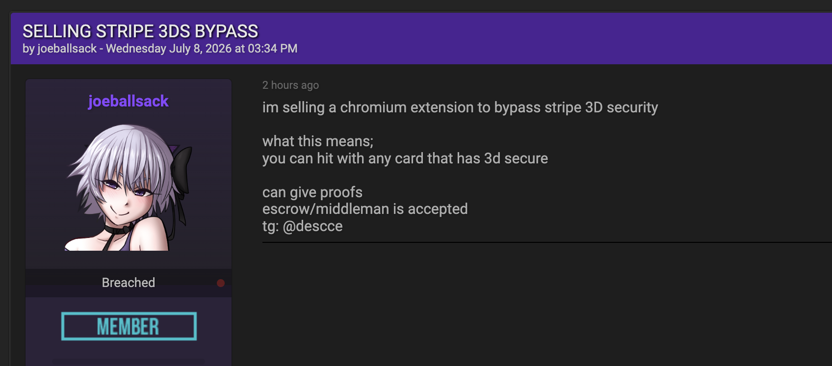 Alleged sale of Stripe 3DS Bypass Tool