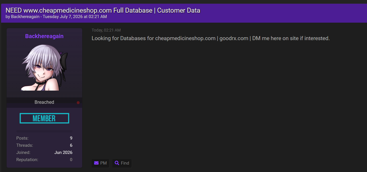 Alleged data breach of CheapMedicineShop