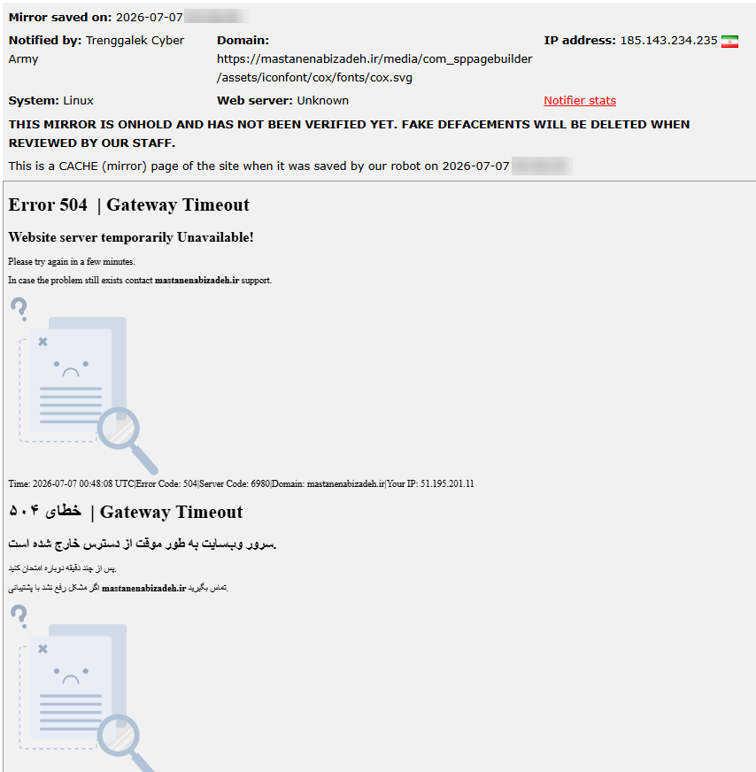 Trenggalek Cyber Army targets the website of Mastaneh Nabizadeh Beauty Salon