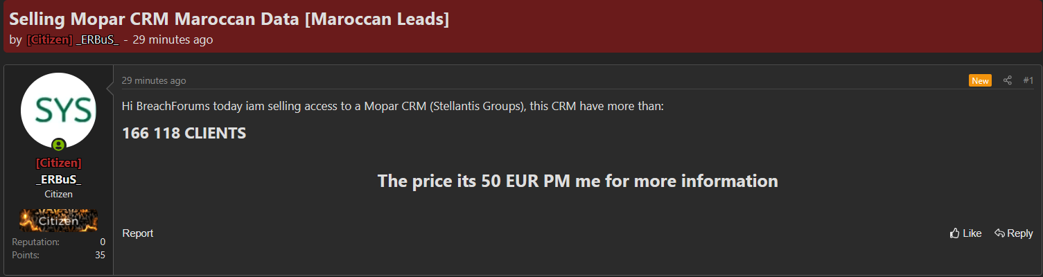 Alleged Sale of Unauthorized Access to Stellantis Mopar CRM