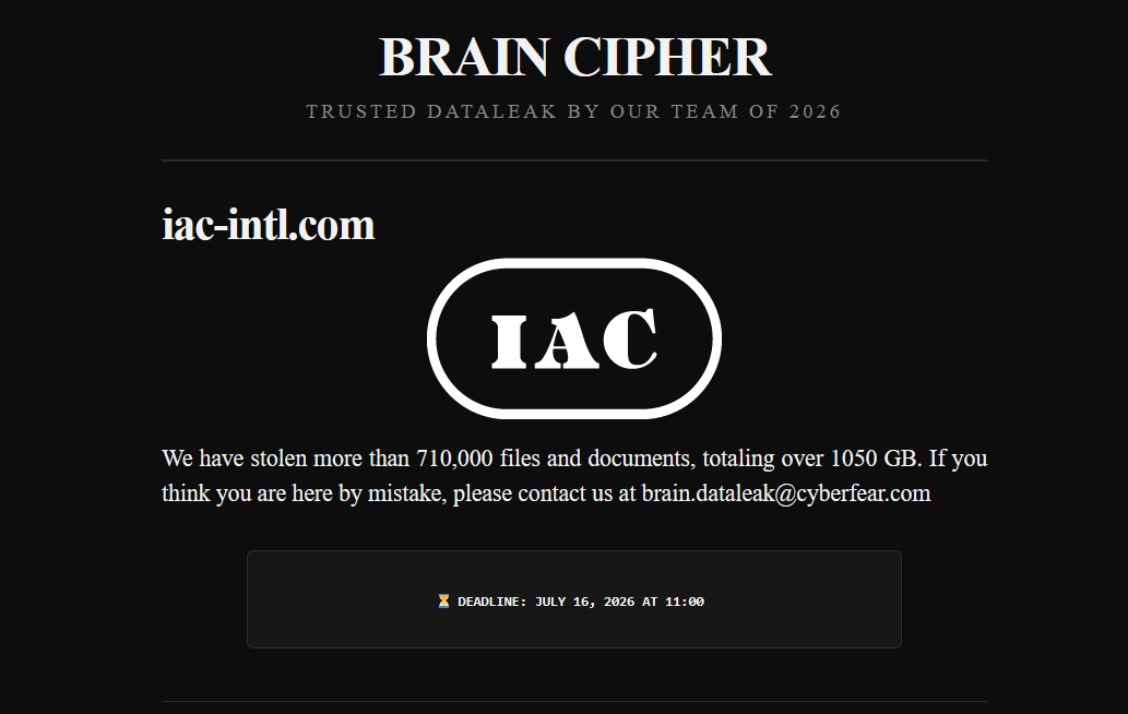 IAC falls victim to Brain Cipher ransomware