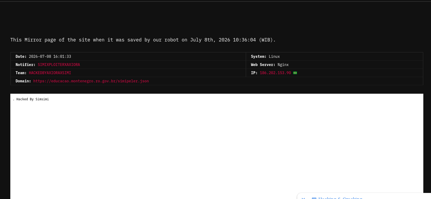 SIMIXPLOITERXAXIORA targets the website of Secretaria Municipal de Educação de Montenegro