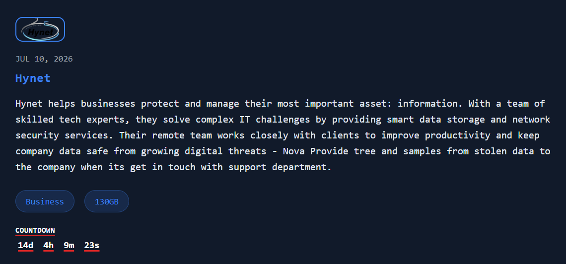 Hynet falls victim to Nova ransomware