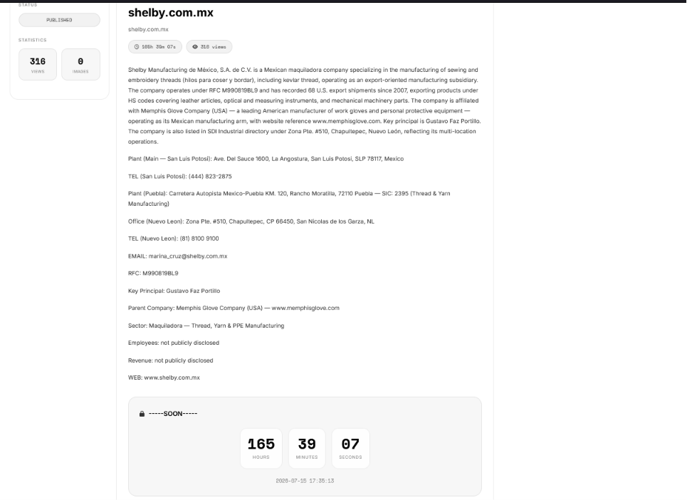 Shelby Manufacturing de México, S.A. de C.V falls victim to KRYBIT ransomware