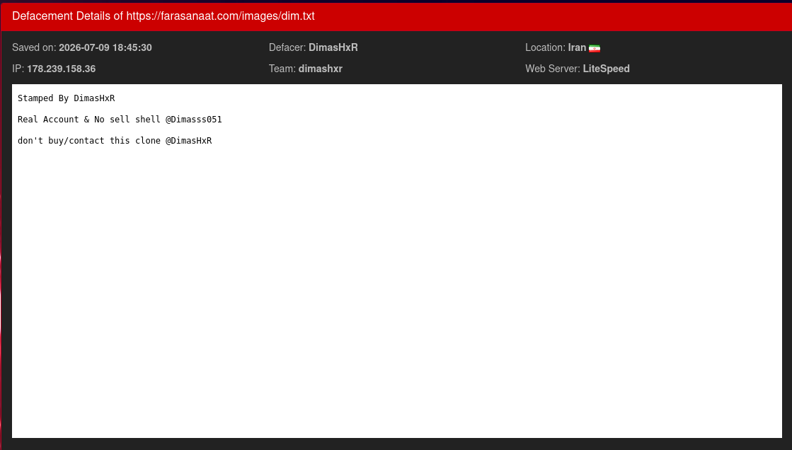 DimasHxR targets the website of Farasanaat Engineering Co