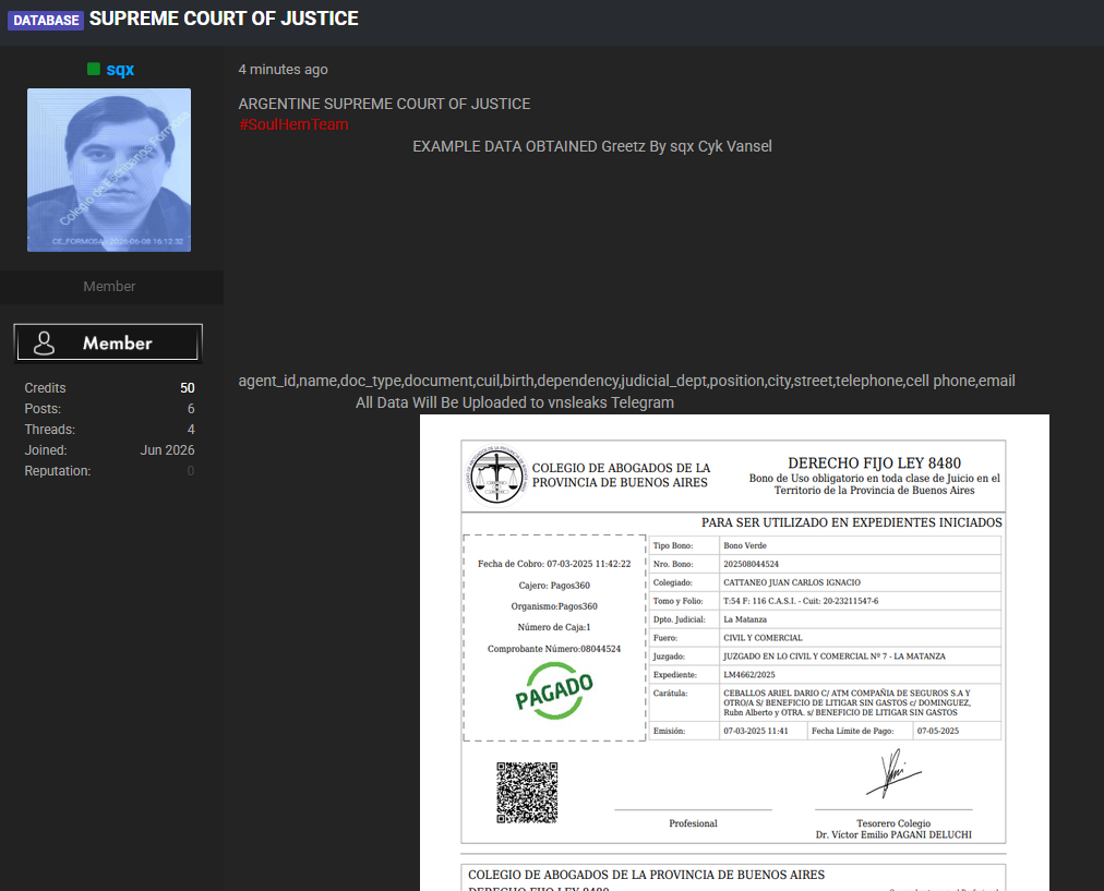 Alleged data breach of Supreme Court of Argentina