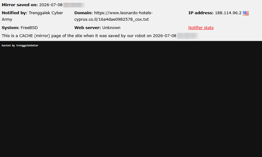Trenggalek Cyber Army targets the website of Leonardo Hotels & Resorts Mediterranean