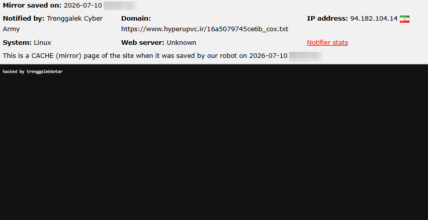 Trenggalek Cyber Army targets the website of Hyper UPVC