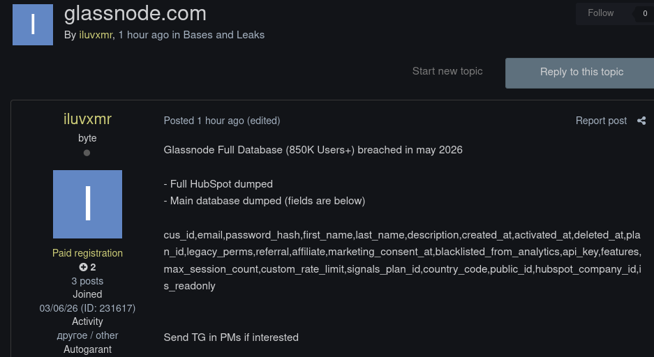 Alleged data breach of Glassnode