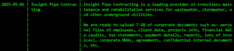 Insight Pipe Contracting，Inc成为Akira勒索软件的受害者