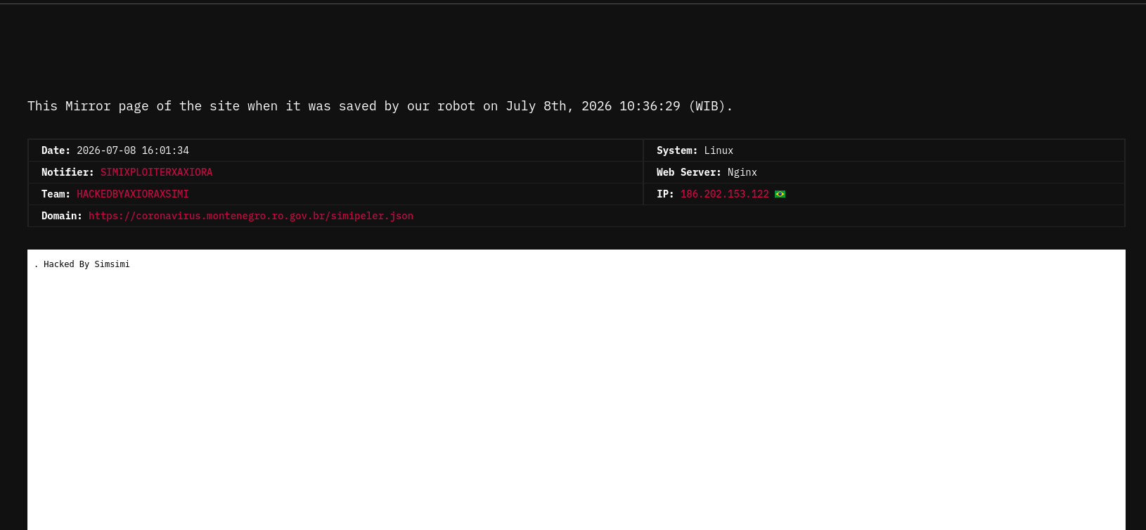 SIMIXPLOITERXAXIORA targets the website of Portal de Coronavírus de Montenegro