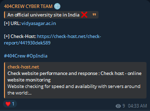 404 CREW CYBER TEAM targets the website of Vidyasagar University