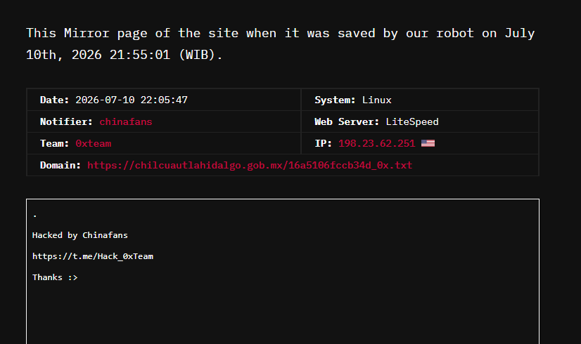 chinafans targets the website of Gobierno Municipal de Chilcuautla