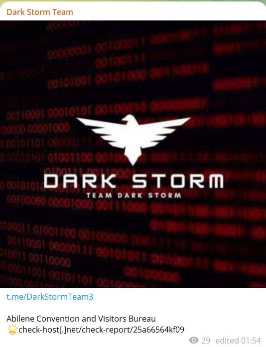 Dark Storm Team瞄准阿比林会议和旅游局网站