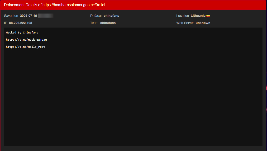 chinafans targets the website of bomberos alamor