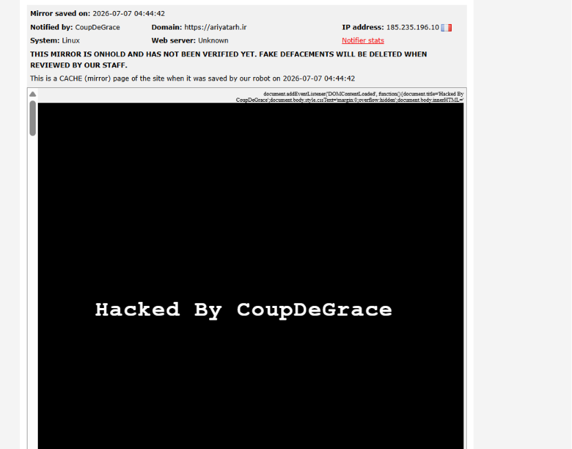 CoupDeGrace targets the website of Ariyatarh