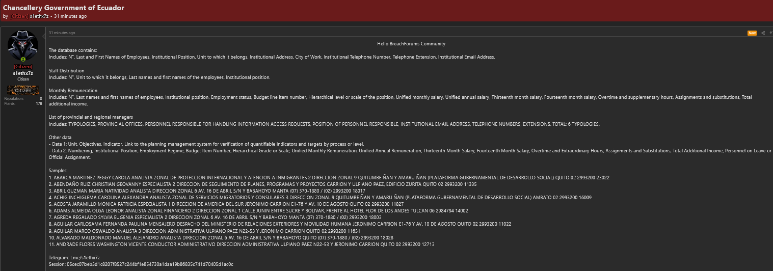 Alleged data leak of Chancellery Government of Ecuador