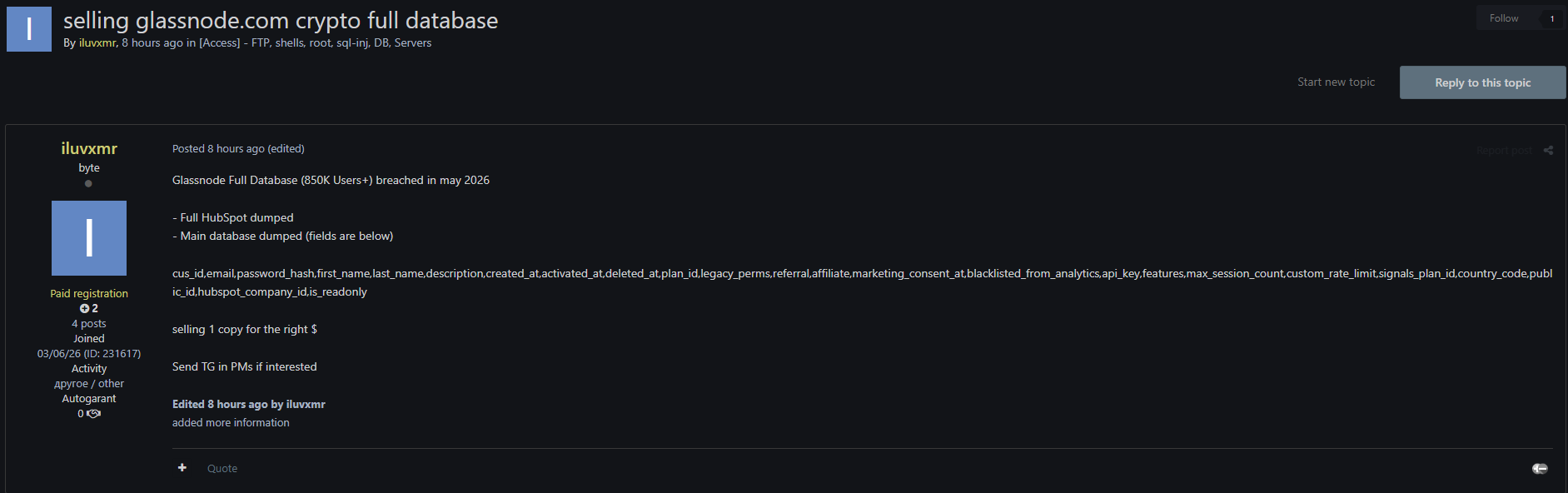 Alleged data breach of glassnode