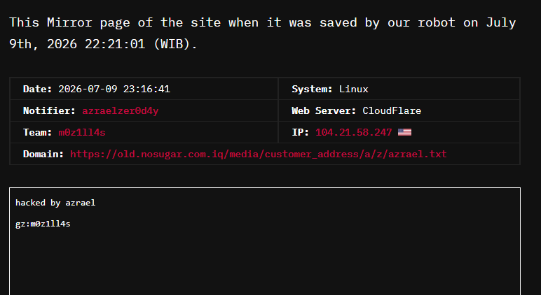 azraelzer0d4y targets the website of No Sugar