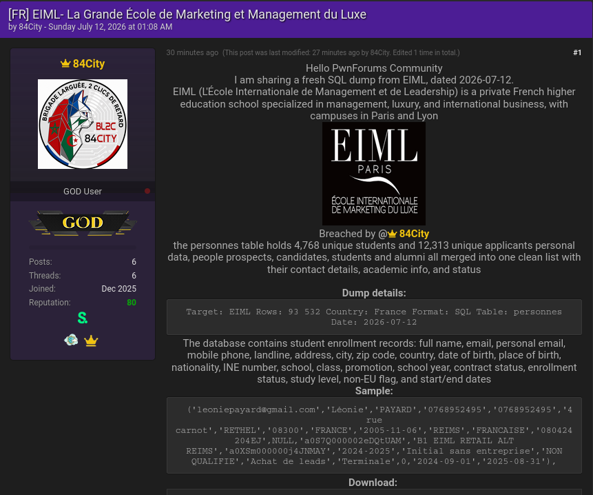 Alleged data breach of EIML Paris