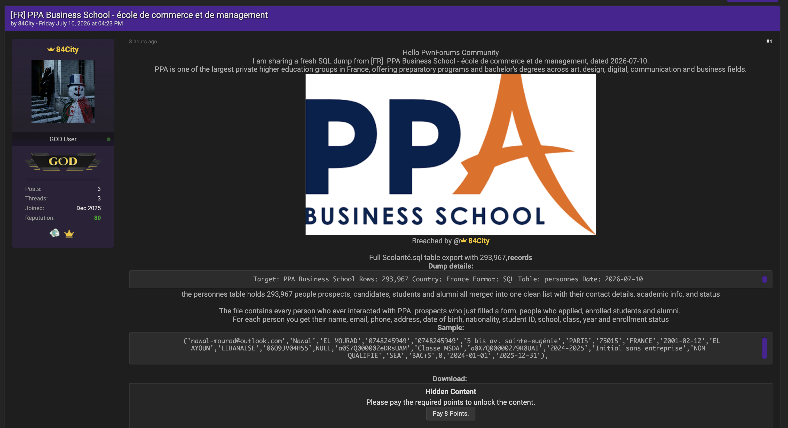 Alleged data breach of PPA Business School