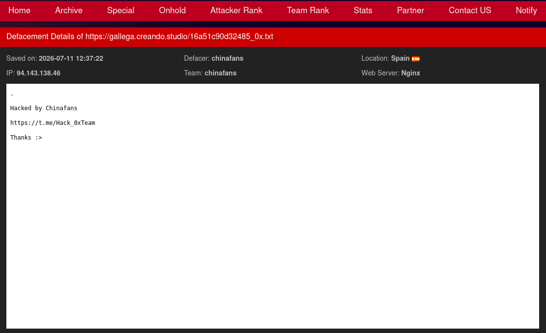 chinafans targets the website of Creando Studio