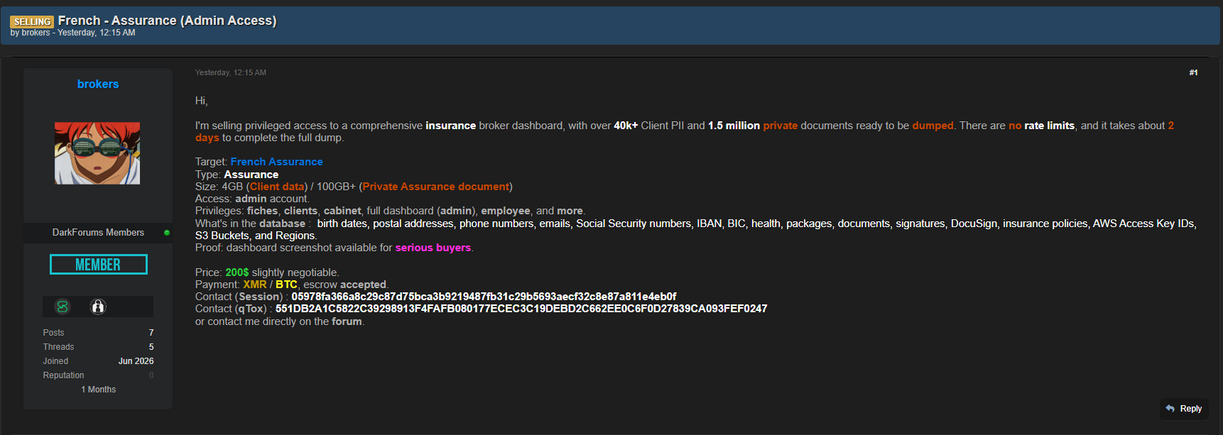 Alleged Sale of Unauthorized Admin Access to an Unidentified Insurance Company