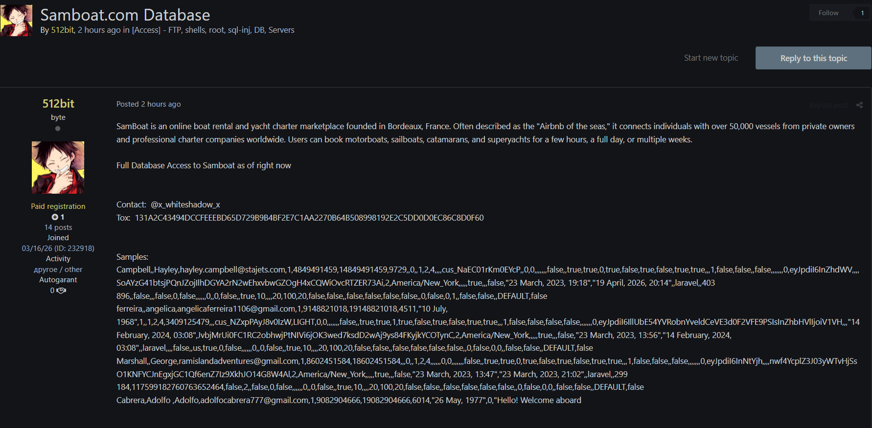 Alleged Unauthorized Access to Samboat database