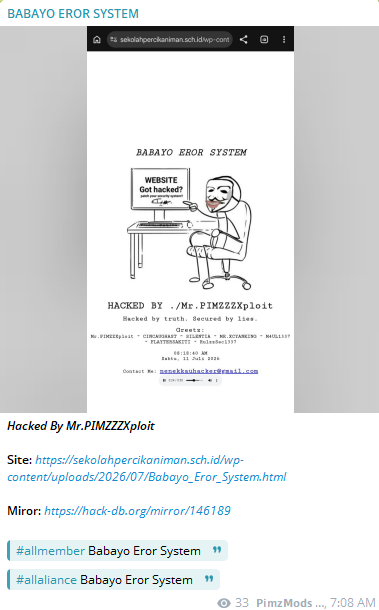 BABAYO EROR SYSTEM targets the website of Sekolah Percikan Iman