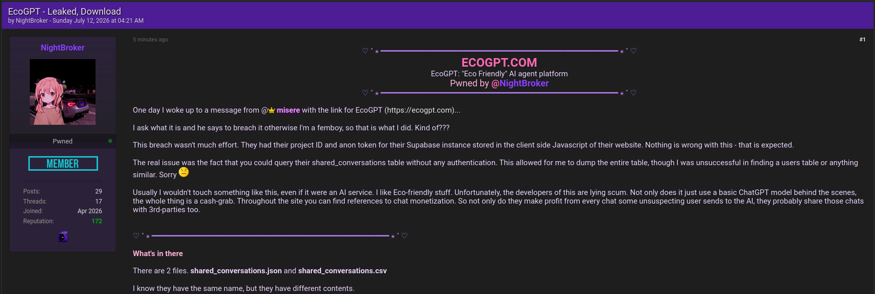 Alleged data breach of EcoGPT, Inc