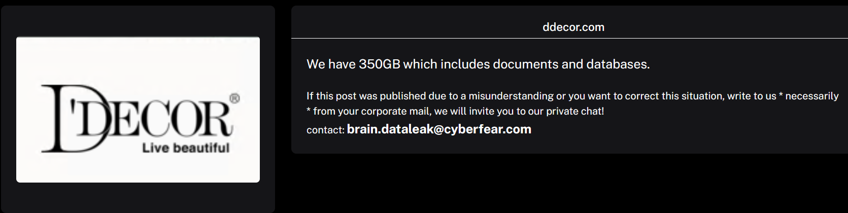 D’Decor Exports成为Brain Cipher勒索软件的受害者