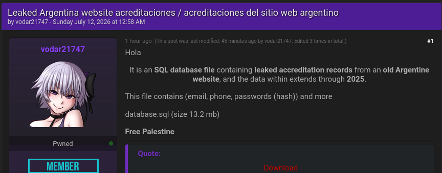 Alleged leak of accreditation records from an unidentified website in Argentina