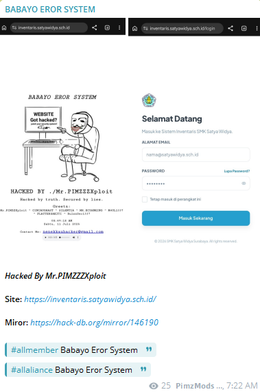 BABAYO EROR SYSTEM targets the website of SMKS Pariwisata Satya Widya