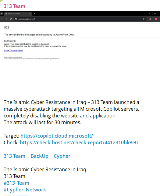 313 Team targets the website of Microsoft 365 Copilot