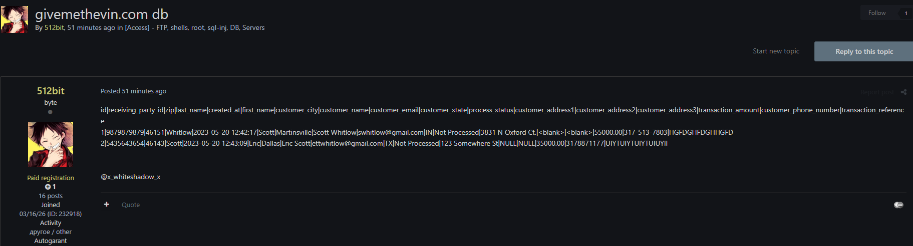 Alleged Data Breach of givemethevin