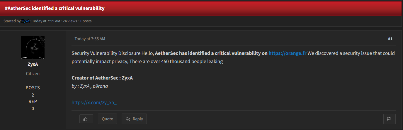 Alleged Vulnerability Breach of Orange France